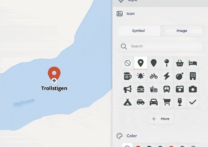Animated image showing how to add other pins - accommodation places and location of stops on the way