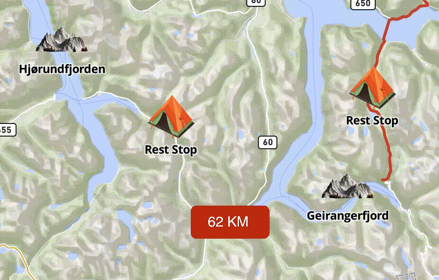 Animated image showing how to add the route between points