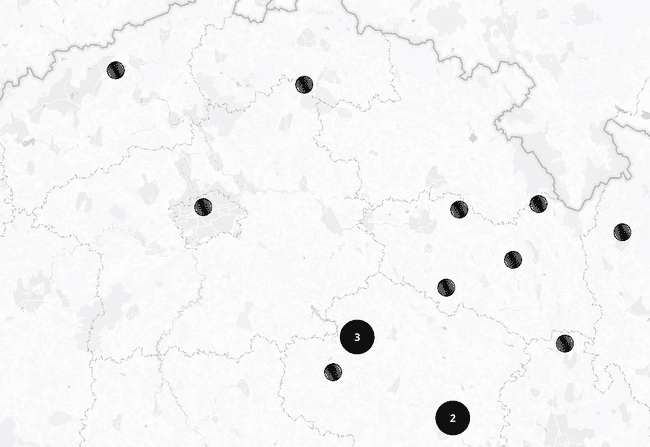 Example of many pins placed on a geographical map. Some of those are grouped into clusters