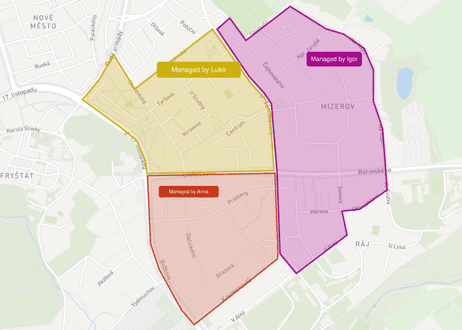 Map that uses polygons to divide areas of a city for different employees